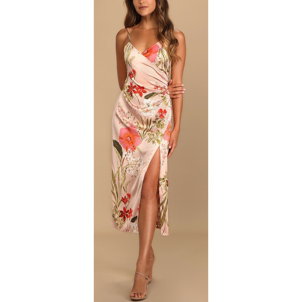 NWT Lulus Remarkable Entrance Pink Floral Print Satin Midi Dress Sz M